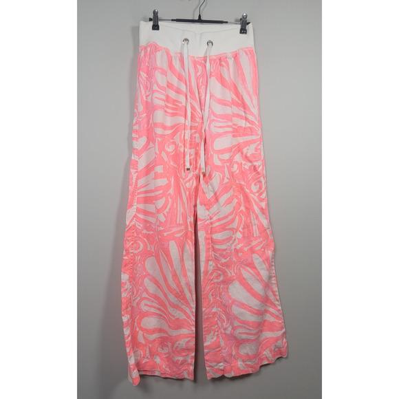 Lilly Pulitzer Linen Pull On Pants XS Womens Drawstring Wide Leg Pink White - Picture 1 of 16